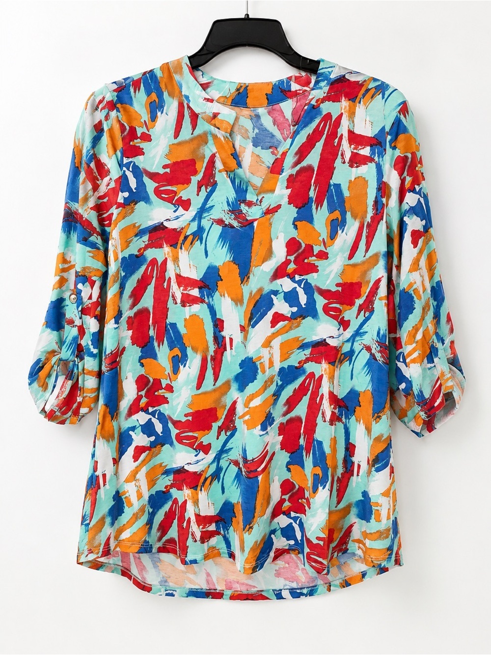 Dear Scarlett XL Abstract Brushstroke Tunic Top Roll Tab Sleeve NWT - Picture 3 of 8